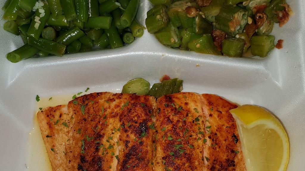 Cajun Salmon · Grilled 8oz. Atlantic Salmon perfectly seasoned in our cajun  seasoning and served with 2 delicious sides.