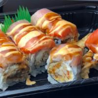 Creamy Spider Roll · Soft shell crab with cream cheese inside, smoked salmon, and yellowtail on top with special ...