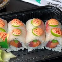Colorful Roll · Salmon, tuna, asparagus inside, white fish, jalapeño, and spicy caviar on top.