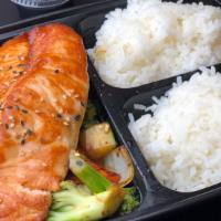 Salmon Hibachi · Served with miso soup, salad, and rice.