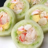 King Crab Naruto Roll · King crab, avocado, and jumbo shrimp wrapped in cucumber. No rice or seaweed.