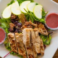 Chicken, Apple & Walnut · Grilled seasoned chicken breast, sliced apples, glazed walnuts, and crumbled Bleu cheese, dr...
