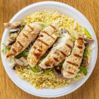 Chicken Kabob Dinner · With peppers, mushrooms and onions.