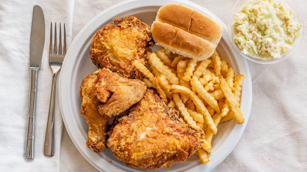 4 Piece Dinner · Half chicken dinner with your choice of a two small sides and a roll.