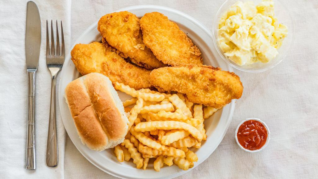 Chicken Tender Dinner · Four pieces all white meat chicken tenders with your choice of two sides and a roll.