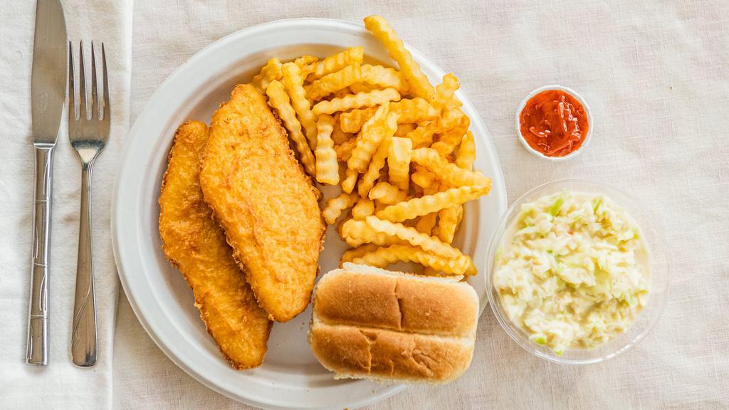 Fish Dinner · Cod fish filet with your choice of 2 small sides and a roll.