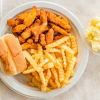 Fried Clam Strips Dinner · Premium sized clam strips with your choice of 2 small sides and a roll.