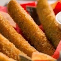 Fried Pickles · Dill pickle spears with ranch dipping sauce.