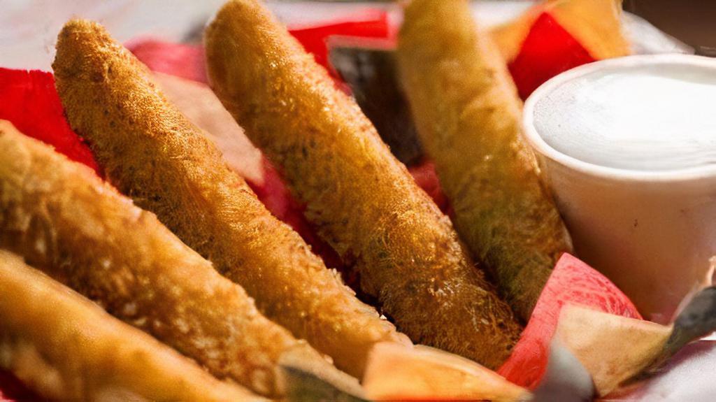 Fried Pickles · Dill pickle spears with ranch dipping sauce.