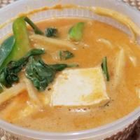 Red Curry · Spicy. Sauteed in red curry sauce with bamboo shoots, squash, eggplant, bell pepper, carrot ...