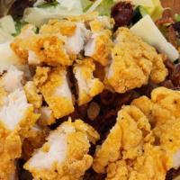 Chicken Finger Salad · Tossed salad with loads of chicken finger pieces, sliced egg, shredded cheese, bacon bits an...