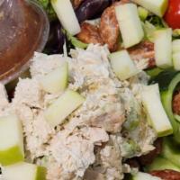 Bistro Chicken Salad · Field greens, granny smith apples, candied pecans, grape tomatoes and chicken salad with bal...