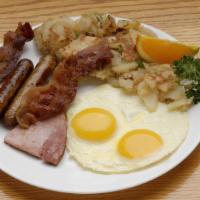 The Junior · Two Eggs any way, 2 strips of Bacon, Sausage, or Ham and Home Fries