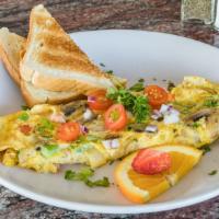 Farmer'S Omelette · Sausage, Bacon, Onions, Mushrooms, Tomatoes, American Cheese.   Served with homefries and ch...