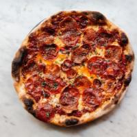 Pepperoni Pizza · Roasted tomato, mozzarella, fontina, sicilian oregano, assorted pepperoni and fresh parm.