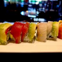 Rainbow Roll · Assortment of fish and avocado over California roll. Consuming raw or undercooked meats, pou...