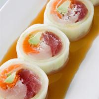 Perfect Naruto · Tuna, yellowtail, avocado and kani rolled in thinly sliced cucumber. Consuming raw or underc...