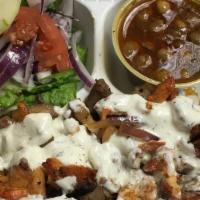 Gyro With Rice And Salad In Bowl · Ny style gyro with basmati rice, salad and house made white sauce