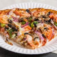 #2. Veggie Delight Pizza · Fresh mushroom, onion, green pepper, black olive and fresh sliced tomatoes. Made from fresh ...
