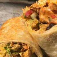 Grilled Chicken Burrito · Grilled chicken, mexican rice, black beans, pico de gallo, lettuce, cheese, sour cream