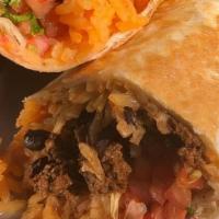 Tex-Mex Burrito · Ground beef, mexican rice, black beans, pico de gallo, lettuce, cheese, sour cream