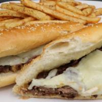 Cheesesteak · Thinly sliced beef chopped and topped with your choice of American, mozzarella or whiz.