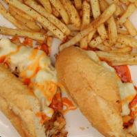 Buffalo Chicken Cheesesteak · Chopped chicken breast mixed in buffalo sauce topped with mozzarella cheese. Served with a s...