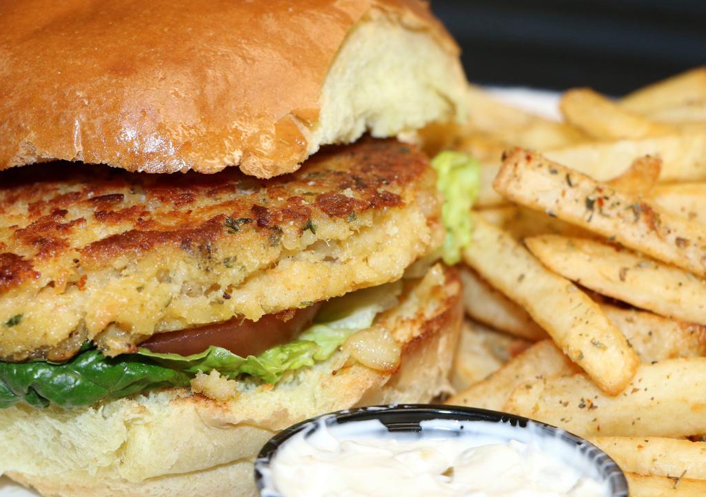 Seafood Burger · Our specialty homemade seafood patty.