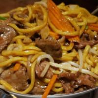 Beef Lo Mein · Soft, medium sized noodles slathered in sauce along with natural beef. Best for one person.