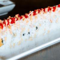Pink Lady Roll · Shrimp tempura, kani, cucumber, tobiko with house special sauce.