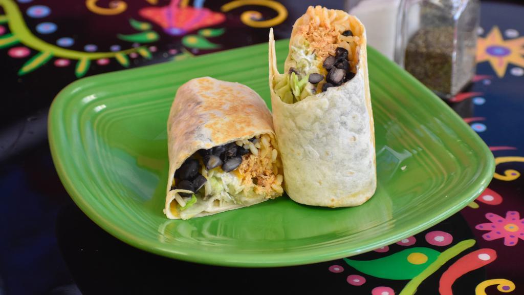 Small Burrito · Burritos come with your choice of filling on a flour tortilla then stuffed with cheese, rice, beans, drizzled sour cream, guacamole, lettuce, and tomatoes.