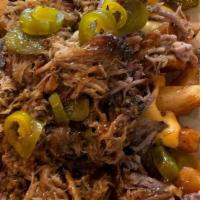 Trashcan H &P Fries · Rustic cut fries with beer cheese, pulled pork, brisket and jalapenos