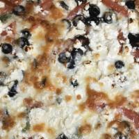 Greek White Pizza · Tomato, onions, green peppers, olives and feta cheese.