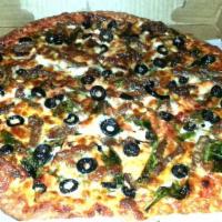 Greek Pizza · Fresh spinach, garlic, black olives, Feta cheese, gyro meat, and Mozzarella cheese.