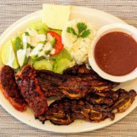Costilla Asada Con Chorizo · Grilled ribs with chorizo sausage. Served with rice, beans, cheese, avocado slices, and salad.