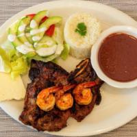 T- Bone Steak With Shrimp · Served with fries and veggies. Come with two tortillas.