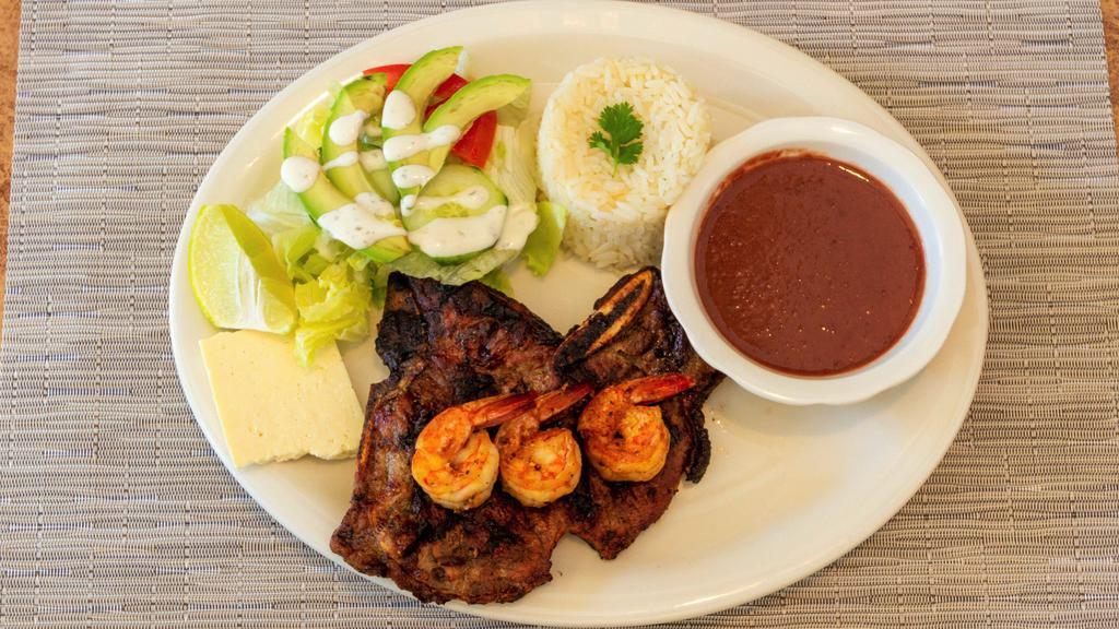 T- Bone Steak With Shrimp · Served with fries and veggies. Come with two tortillas.