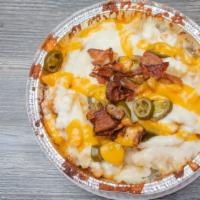 Firepit Fries · Crinkle fries with ranch, mozzarella, cheddar  bacon,  jalapenos if you like it hot.