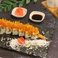 Seared Salmon Maki · Shrimp tempura, avocado, spicy mayo topped with salmon, torch mayo, eel sauce with sweet pot...