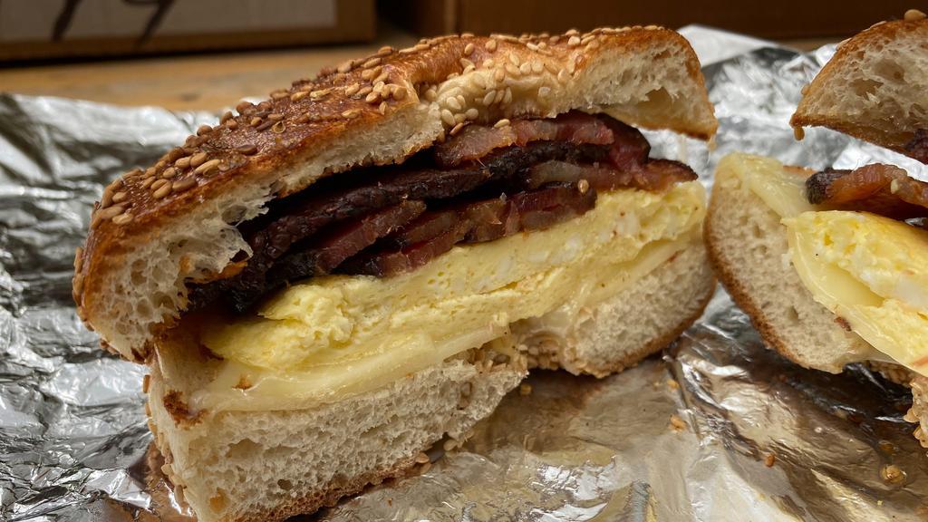 The Bce · Smoked bacon, egg, Cheddar cheese, bagel.