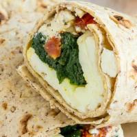 Healthy Sunrise · Egg, spinach, feta cheese, roasted red peppers, garlic sun-dried tomato mayo on wrap.