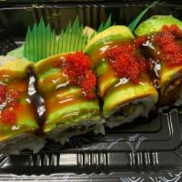 Dragon Roll · Grilled eel cucumber inside avocado and tobiko on top