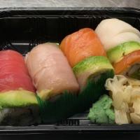 Rainbow Roll · Crab stick avocado, cucumber, topped with assortment of fish