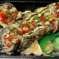 Sp22. Godzilla Roll · Deep fried eel, shrimp crab stick, white fish avocado top with wasabi mayo and eel sauce