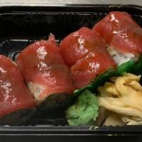 Sp23. Green Tree Roll · Steamed shrimp, crab stick, avocado, cucumber inside, top with tuna, sashimi & wasabi ponzu ...