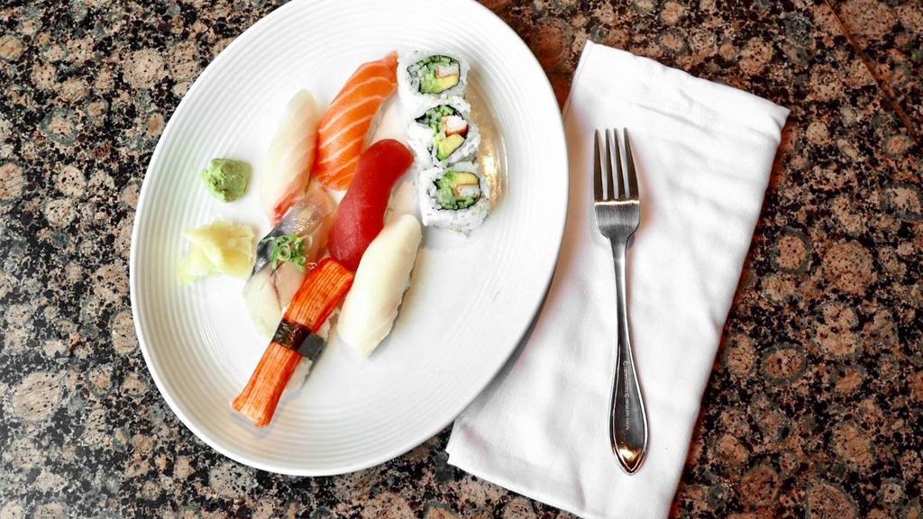 Sushi Lunch · Served with rice and miso soup. Chef's choice of 6 pieces sushi & 3 pieces California roll.
