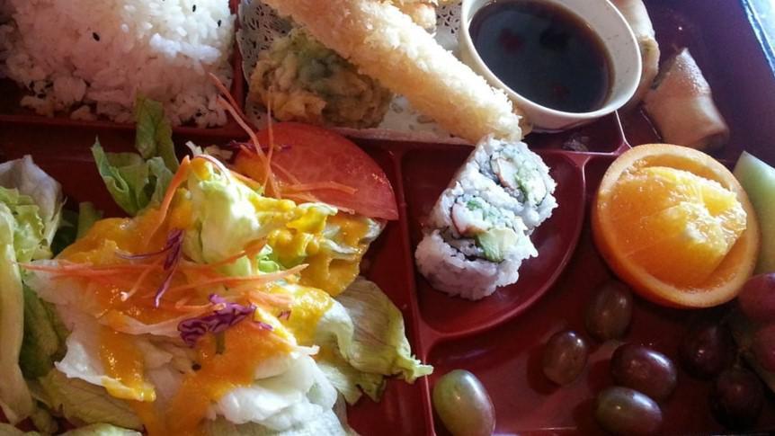 Tempura Bento · Served with rice and miso soup. Shrimp and vegetable tempura over a bed of rice.