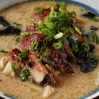 Grilled Eel Ramen · Rich chicken and pork soup base topped with grilled eel, bean sprout, corn, scallion and woo...