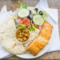 Salmon Kabob Platter · Served with rice, chickpeas, pita bread, and salad.