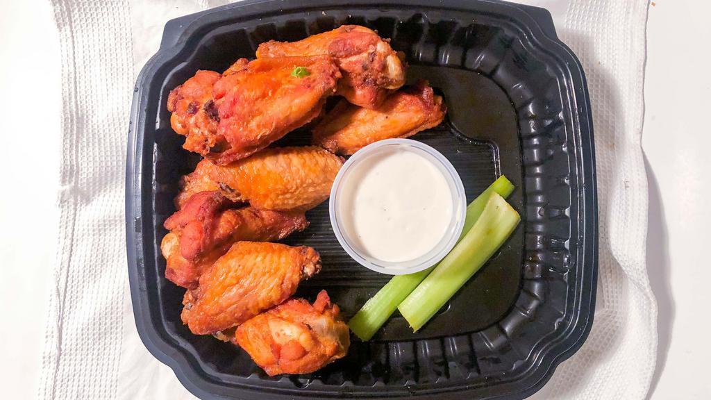 Wings · with choice of BBQ Bourbon, Buffalo, Captain   Morgan, Thai Chili or spicy garlic. Served with celery and blue cheese